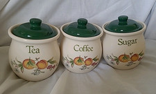 Vintage 1995 Cloverleaf Peaches & Cream Tea, Coffee, Sugar Ceramic Jar Set VGC