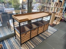 Industrial console in solid wood and black metal- with 4 crate storage draws.