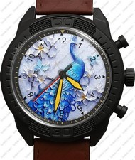 Peacock Bird Army Style Leather Strap Wrist Watch