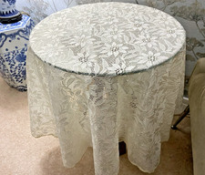 VINTAGE CREAM POLYESTER  LACE LARGE ROUND TABLECLOTH ~ 56" DIAMETER ~EMBROIDERY