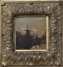 Beautiful Antique Original Landscape Mill Oil Painting, Lake View, Framed