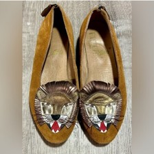 F Troupe Leather Suede Tan Silver Whimsical Lion Slip On Flats Size 36 US 6