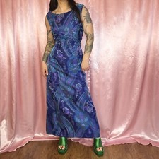 Vintage 1960s Blue And Purple Patterned Maxi Dress, By Cresta, UK Size 10