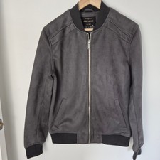River Island Men's Suede Look Bomber Jacket Dark Grey Size Small