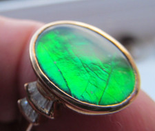 Hallmarked 9ct Yellow gold Ammolite  & diamond ring.   size P.    4.3g.