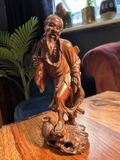 Antique Chinese Wood Carving Fisherman With Fish & Basket Figure 12cm