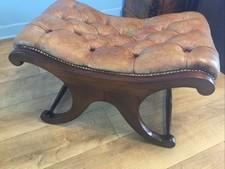 VINTAGE CHESTERFIELD LEATHER, MAHOGANY X- FRAME FOOT STOOL.