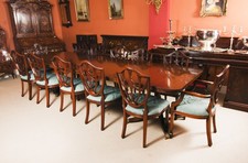 Vintage 12ft Twin Pillar Dining Table & 12 Federal Dining Chairs 20th C