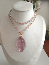 Beautiful Carved Pink Crystal Agate Nine-tails Fox Pendant & Beads Necklace