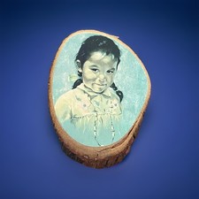 Vtg Live Edge Wood Slice Wall Plaque Canadian American Indian Inuit Girl Folk 