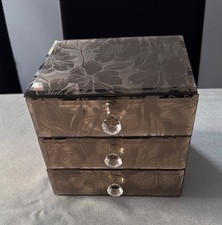 Mirrored floral glass jewellery box, mocha, 3 drawers, glass handles, unused