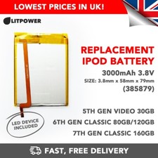 IPOD Classic 5 5.5 6 6.5 7th Gen Replacement Upgrade Battery (3000mAh) 3.8v