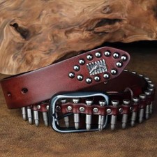 Real Leather Waist Belt Heavy Metal Bullet Rivet Studded Unisex Punk Waistband
