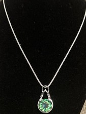 Vintage Sterling Silver Necklace Pendant Large Pronged Open Back Green Gemstone