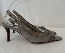Emma Hope Grey Suede Leather Laser Cut Slingback Kitten Heel Shoes Size 38