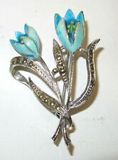 Large Vintage Marcasite Crystals Snowdrop/Tulip Blue Enamel Flower Brooch