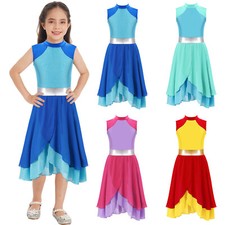 UK Kid Girls Color Block Dance Dress Sleeveless Lyrical Dance Dress Dancewear