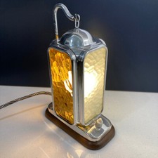 Antique Art Deco Chrome Table Lamp with Rectangular Amber & Clear Glass Shade