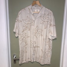 Folk Short Sleeve Shirt Size L Grey Cuban Collar Weaved Cotton Holiday Resort