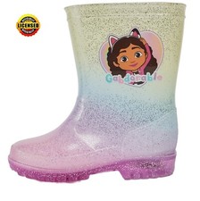 GIRLS GABBY'S DOLLHOUSE PINK GLITTER LIGHT UP WELLINGTON BOOTS UK SIZE 6-12
