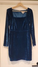 Coast Square Neck Long Sleeve Velvet Bodycon Dress In Petrol Blue UK 12