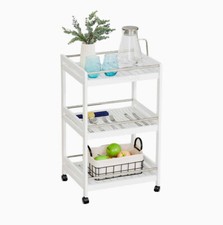 3-Tier Home Trolley Kitchen Storage White Cart Steel Bars 4 Wheels Rolling Unit