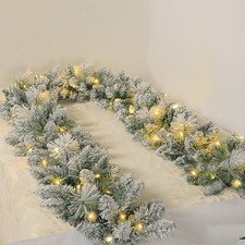 Christmas Garland 9ft Deluxe Super Thick Pre-Lit LED Snow Flocked Vancouver Pine
