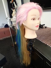 HAIRDRESSERS TRAINING HEAD - LONG MULTI-COLOURED HAIR - WITH TABLE CLAMP