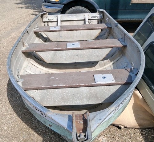 Small green aluminum canoe - small,