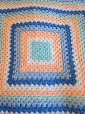Vintage Style Crochet wool blanket Throw Blue White Peach  32" X 32" 