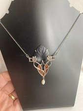 Artisan art nouveau jugendstil silver enamel jet flower necklace