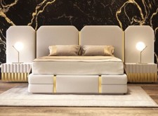 Luxury Storage  Bed Frame Cream Velvet With Gold Mirror Finish Inlays