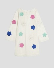 River Island Girls Floral Beach Dress Cream Crochet Long Sleeve Crew Neck