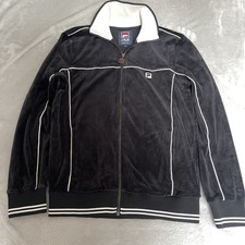 Fila Men's Velour Track Jacket Black White Size Medium Cotton Blend Full Zip