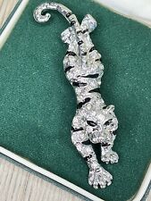 Tiger Brooch Retro Style Clear Rhinestone Silver Tone Crawling Pin