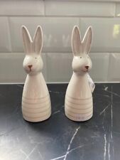 Pair Ceramic Bunny Rabbit Ornaments Home Decor Cream Grey Striped