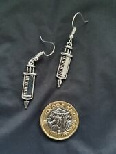 Ladie Silver Syringe Hook Earrings Doctor Nurse Halloween Costume Party
