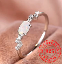 Real Sterling Silver Ring + Box White Fire Opal Oval Zircon Dainty Minimalist