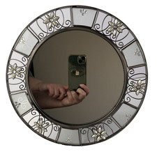 Metal Round Medium Sized Mirror With Wire Work & Decorative Flowers On Stand
