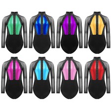 Girls Metallic Gymnastic Leotard Patchwork Sheer Mesh Long Sleeve Bodysuit Tops