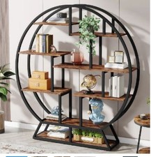 Round Bookshelf Etagere Bookcase Industrial Rustic Display Storage Unit Shelves