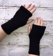 Black PURE 100% CASHMERE Fingerless Gloves HANDMADE in UK One Size GIFT