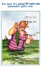 Comic Postcard 1946 Donald McGill Fat Lady Boobs Sea Swim Rain "My Seaweeds Wet"
