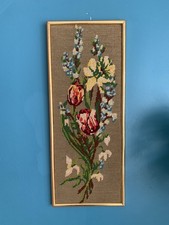 Vintage Framed Floral Tapestry Needlepoint Spring Flowers Country Cottage