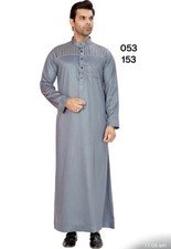 Mens Designer Grey Jubbah Thobe Size 54M In Checks Design & Stud Buttons Style