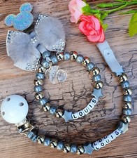 Set of two Personalised dummy clip , Pram charm in Grey and Silver
