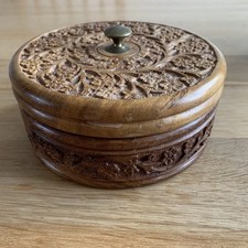 Wooden hand-crafted carved round spice box with cover 6” Diameter