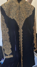 Men's Navy Blue Gold Indian Pakistani Kurta Sherwani for Wedding
