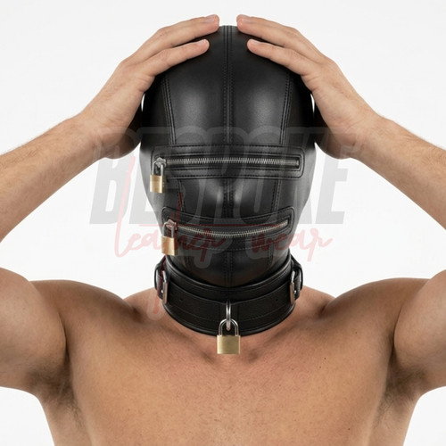 Lockable leather hood mask - leather,