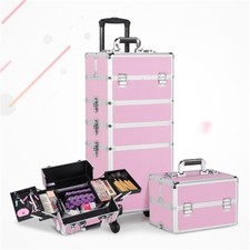 Makeup Trolley 4 in 1 Beauty Trolley Case Hairdressing Case with Wheels, Pink
